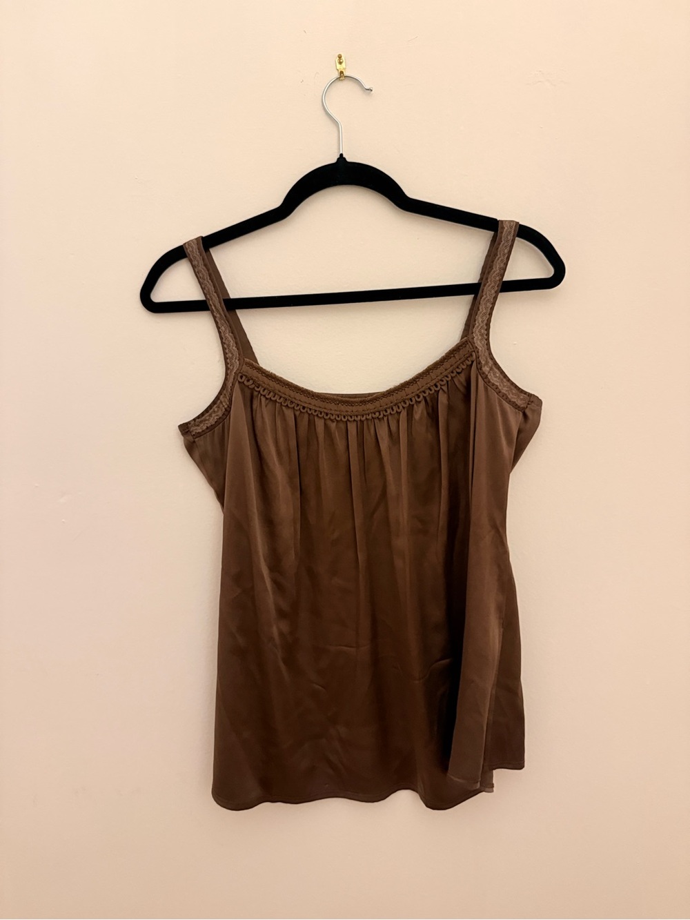 Elie Tahari Chocolate Brown Silk-Blend Camisole with Braided Crochet Trim